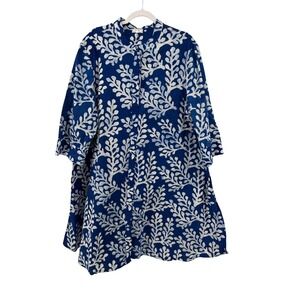 Zuri Kenya Blue White Coral Print Button Down Shirt Dress Tunic 2X Made in Kenya